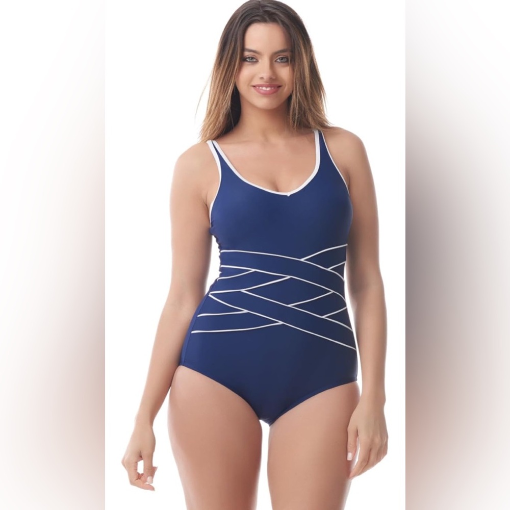 Sea & Sand Beachwear Navy White Piped‎ One Piece Swimsuit 24W Plus Size